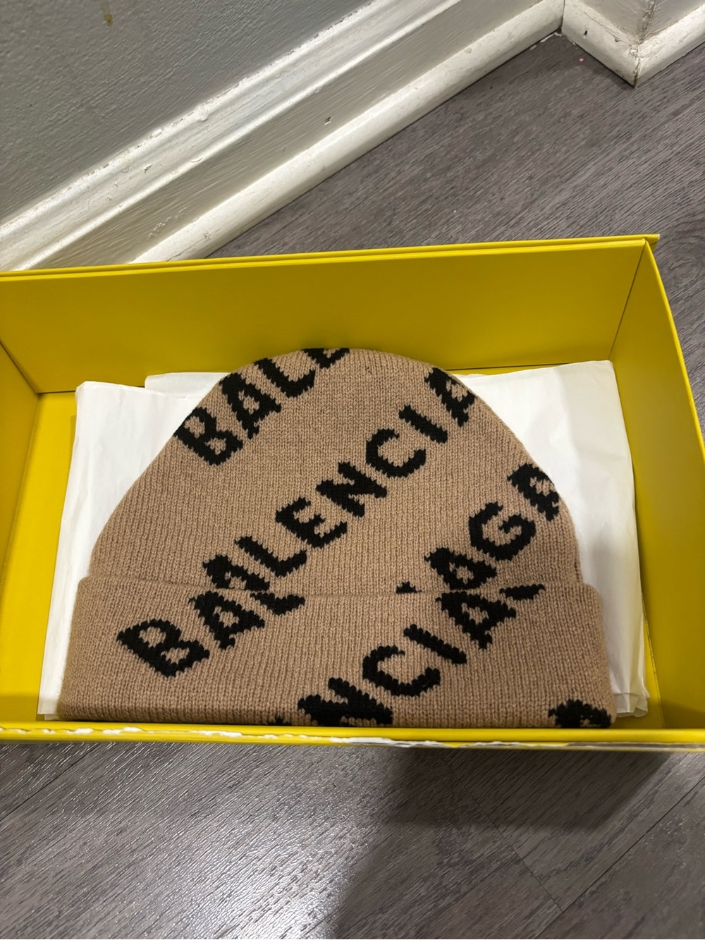 Balenciaga Tan Beanie with Black Logo Knit